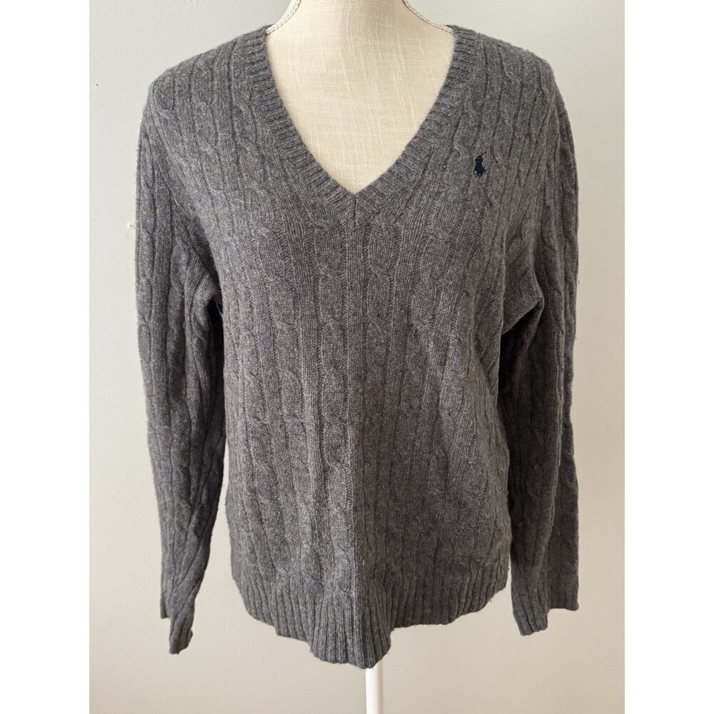 Ralph Lauren Sport Gray Cableknit V-neck Sweater Wool Size L Preppy Classic